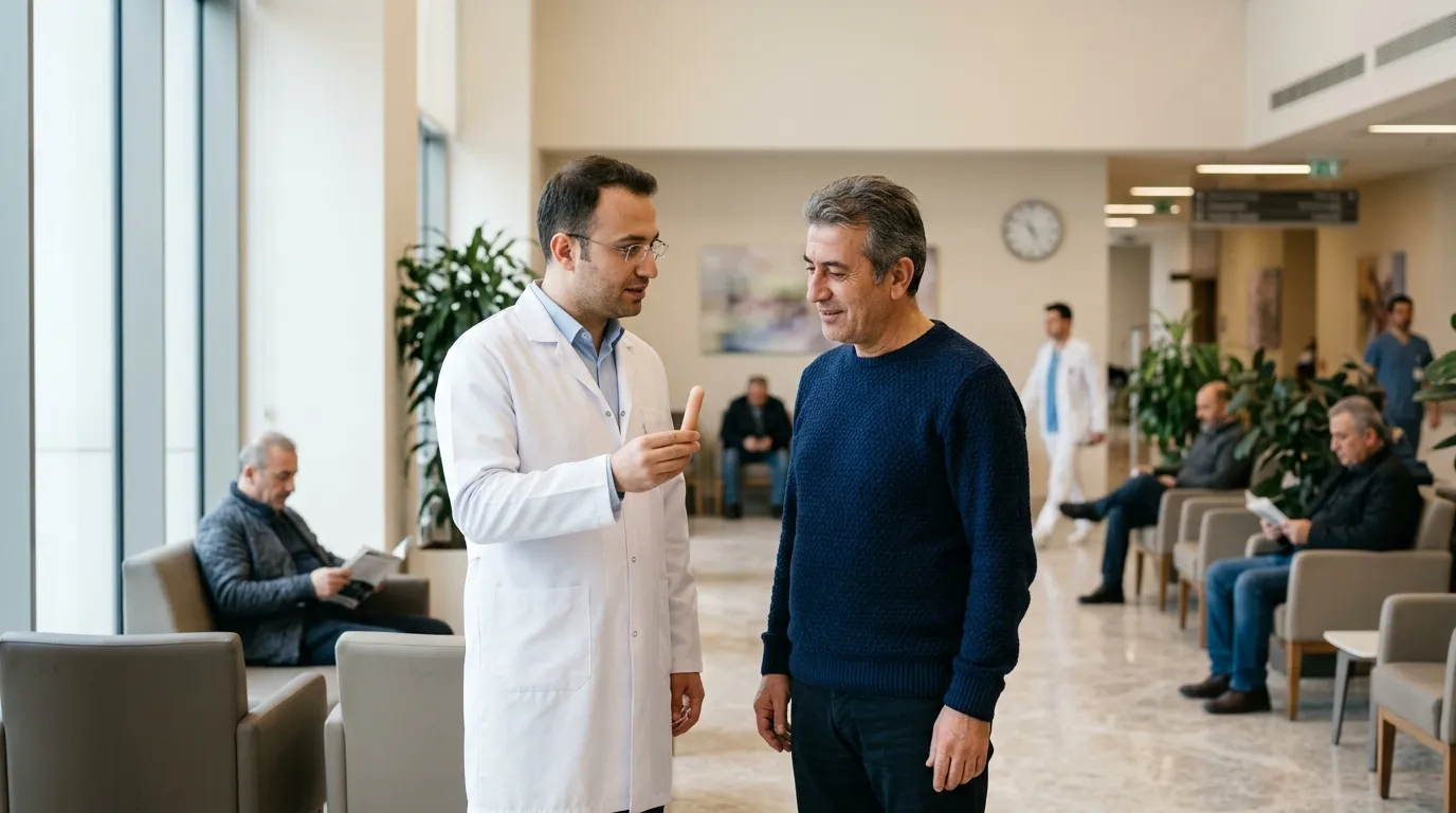 Üroloji uzmanı ile erkek hastanın klinik görüşmesi; konu: mutluluk çubuğu nasıl kullanılır