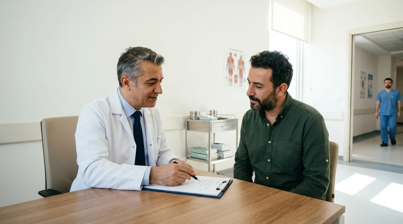 Üroloji uzmanı ile erkek hastanın klinik görüşmesi; konu: ereksiyon ne demek