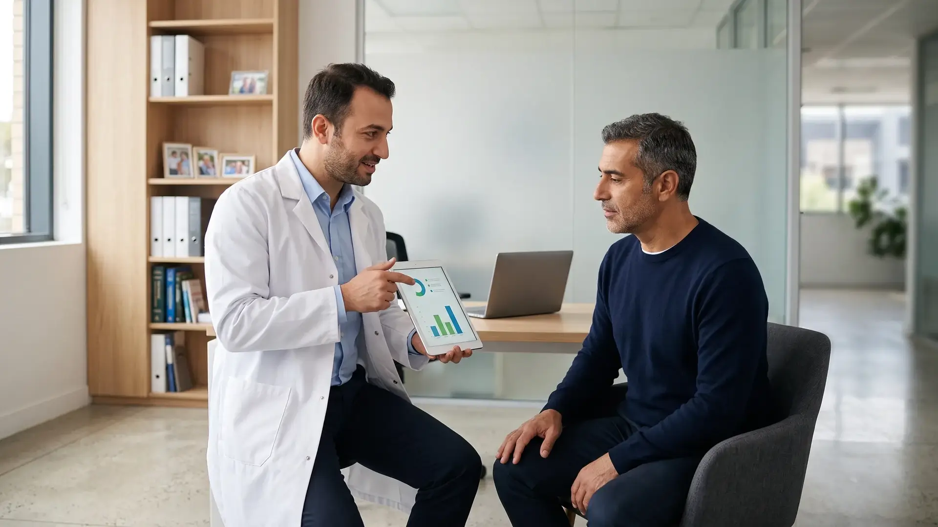 Ürolog, tablet üzerindeki şema ile hastaya sertleşme sorununda tedavi seçeneklerini gösteriyor
