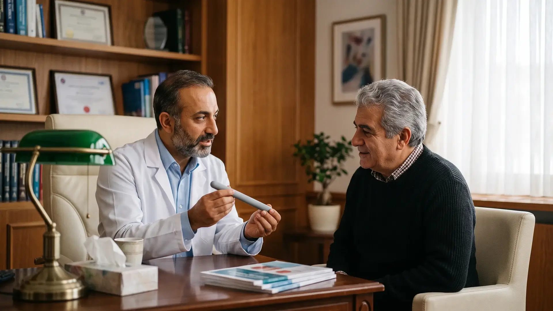Ürolog, elindeki penil protez maketini hastaya göstererek mutluluk çubuğunu anlatıyor