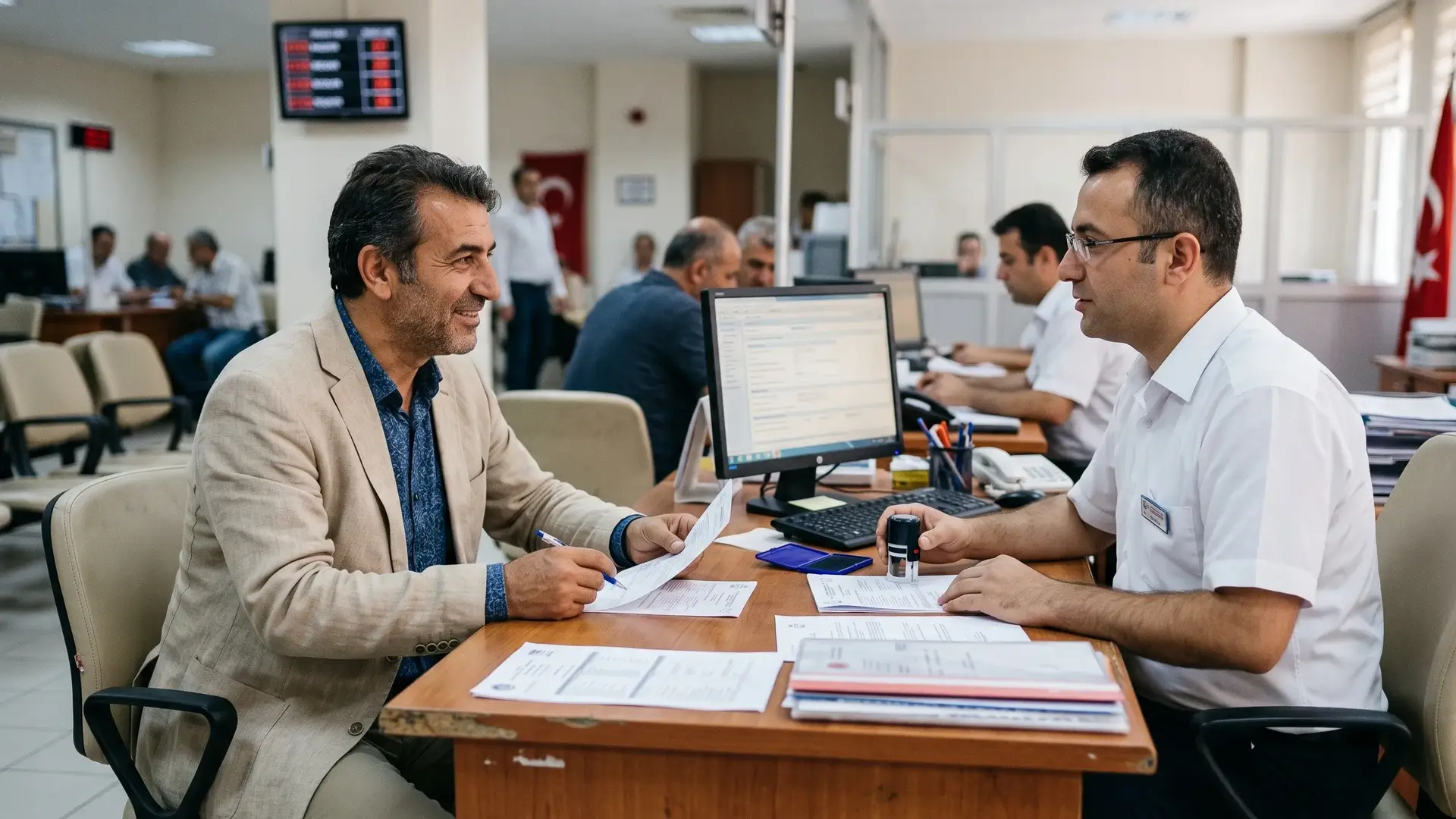 Erkek vatandaş, sosyal güvenlik kurumu bankosunda memurla evrak işlemini yürütüyor